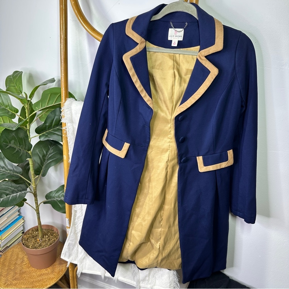 JB Julie Brown Navy Coat w Tan Contrast sz M - Picture 3 of 7